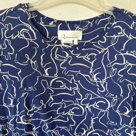 Anthropologie Blue all-over bunny rabbit doodle print Size S - Picture 3 of 10